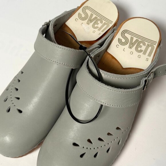 SVEN Original Grey Leaf Punch Leather Clogs – 7.5/8 Womens NARROW Fit - Picture 3 of 10